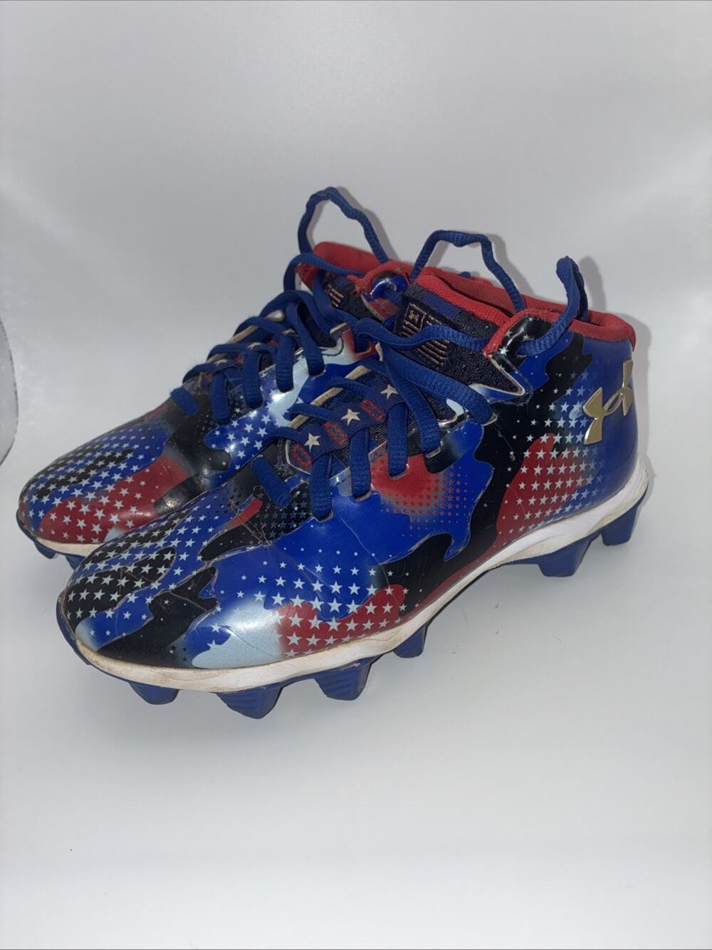 UNDER ARMOUR SIZE 1.5 YOUTH USA FOOTBALL CLEATS 3027318-400 Red White Blue